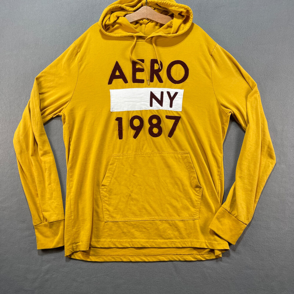 Aeropostale Aero NY 1987 Long Sleeve Hooded Shirt XL Yellow Preppy Retro Look
